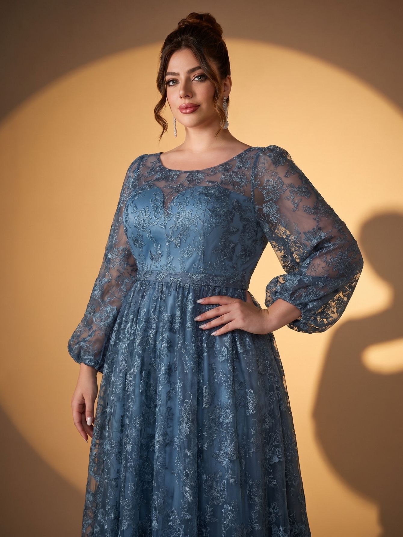 Leely Plus Women's Elegant Round Neck Bishop Sleeve Party Dresses