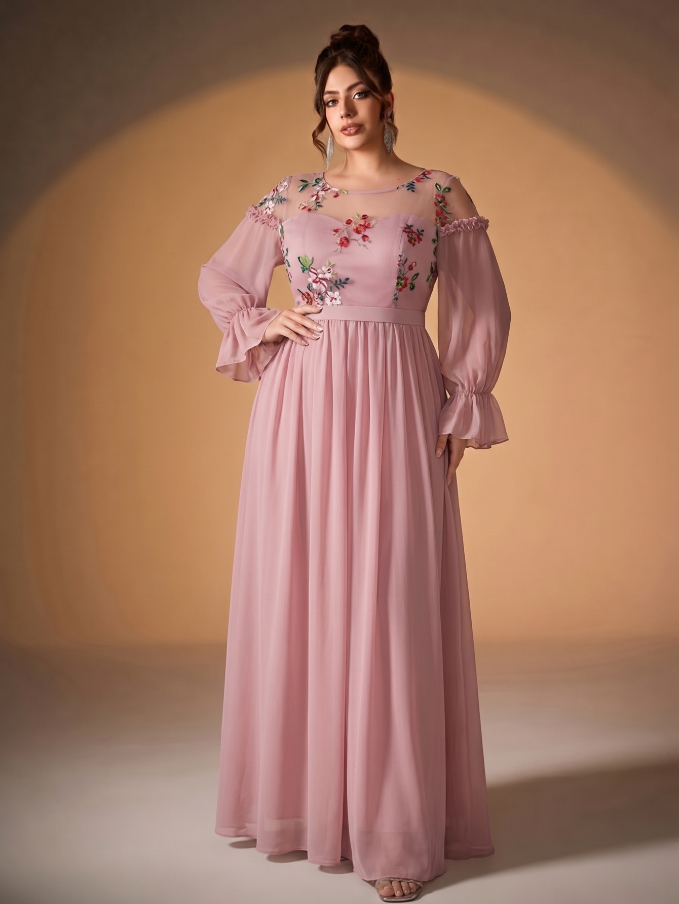 Leely Plus Women's Elegant Floral Embroidered Chiffon Bridesmaid Dress