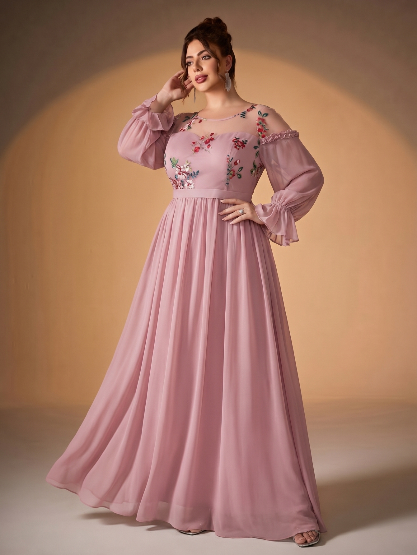 Leely Plus Women's Elegant Floral Embroidered Chiffon Bridesmaid Dress