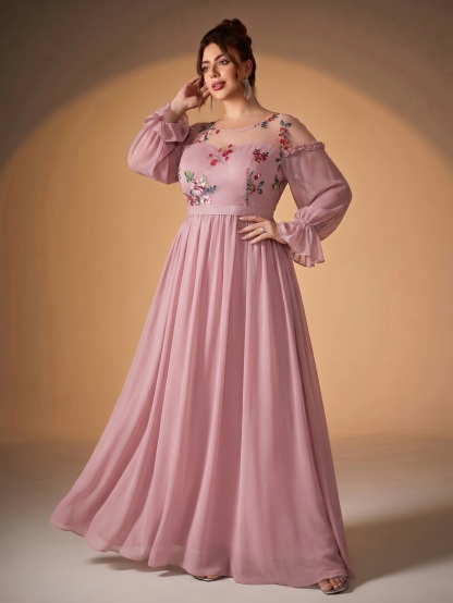 Leely Plus Women's Elegant Floral Embroidered Chiffon Bridesmaid Dress