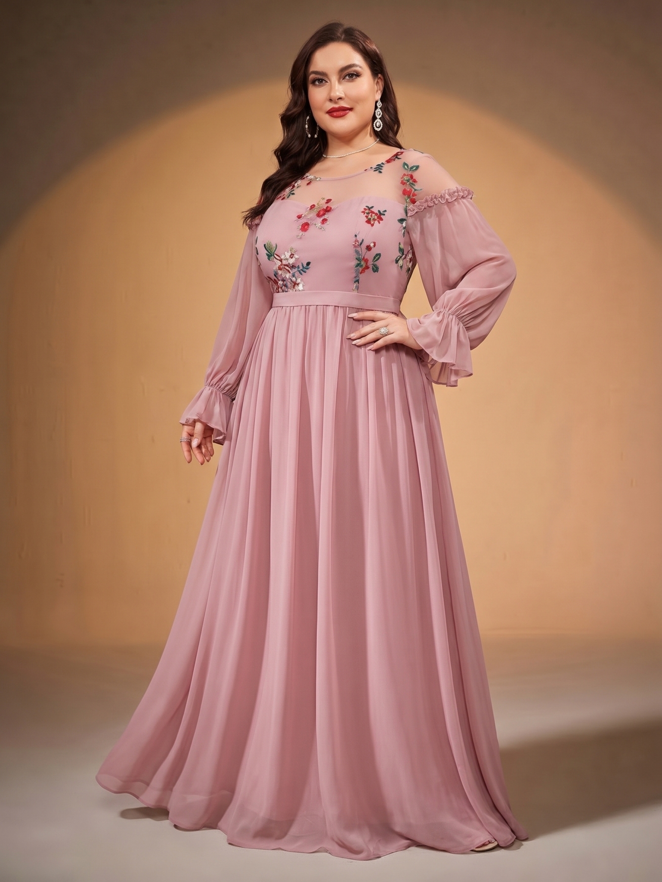 Leely Plus Women's Elegant Floral Embroidered Chiffon Bridesmaid Dress