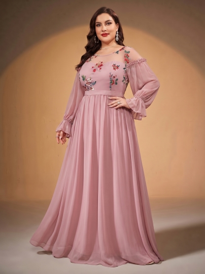 Leely Plus Women's Elegant Floral Embroidered Chiffon Bridesmaid Dress