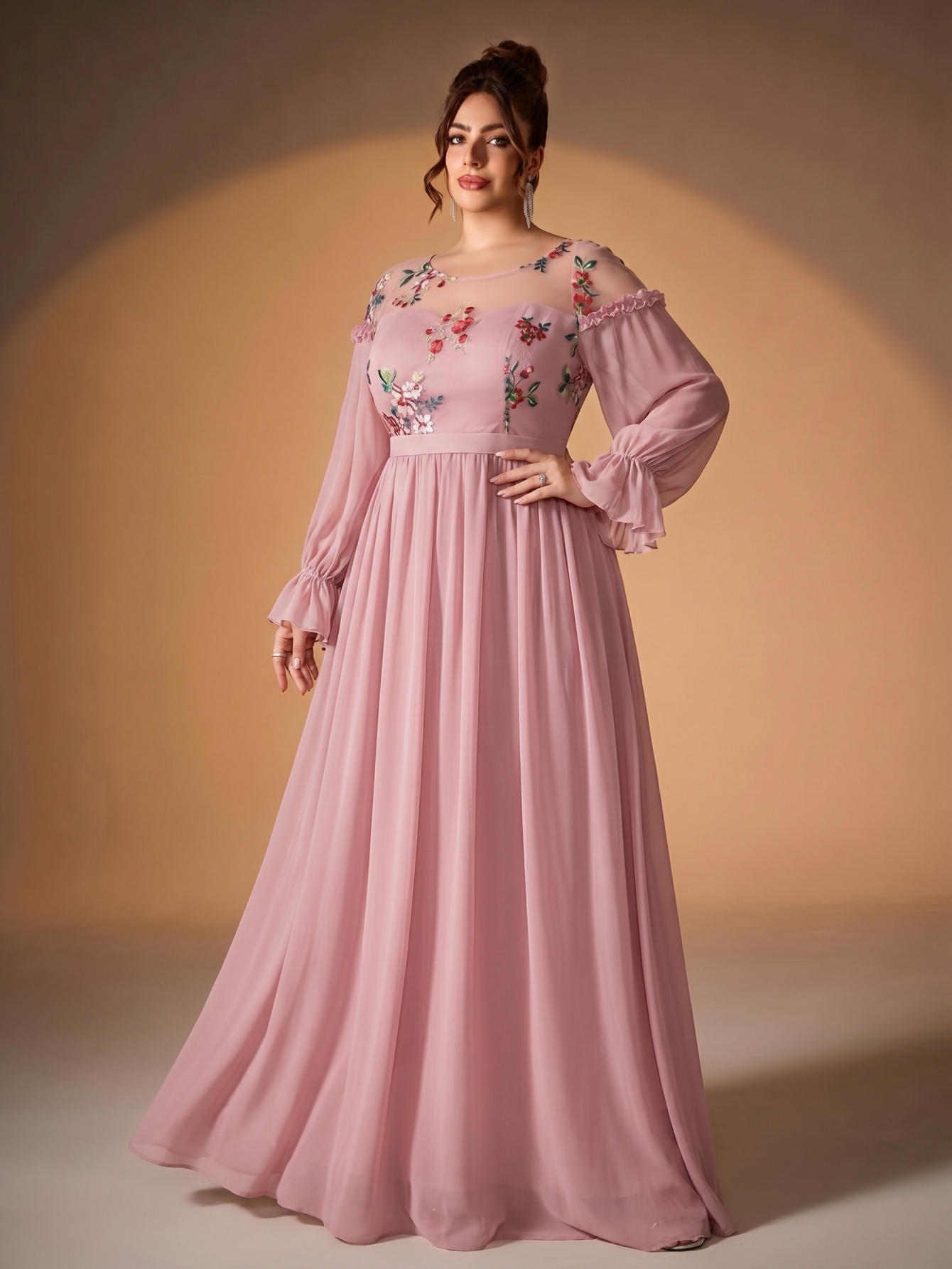 Leely Plus Women's Elegant Floral Embroidered Chiffon Bridesmaid Dress