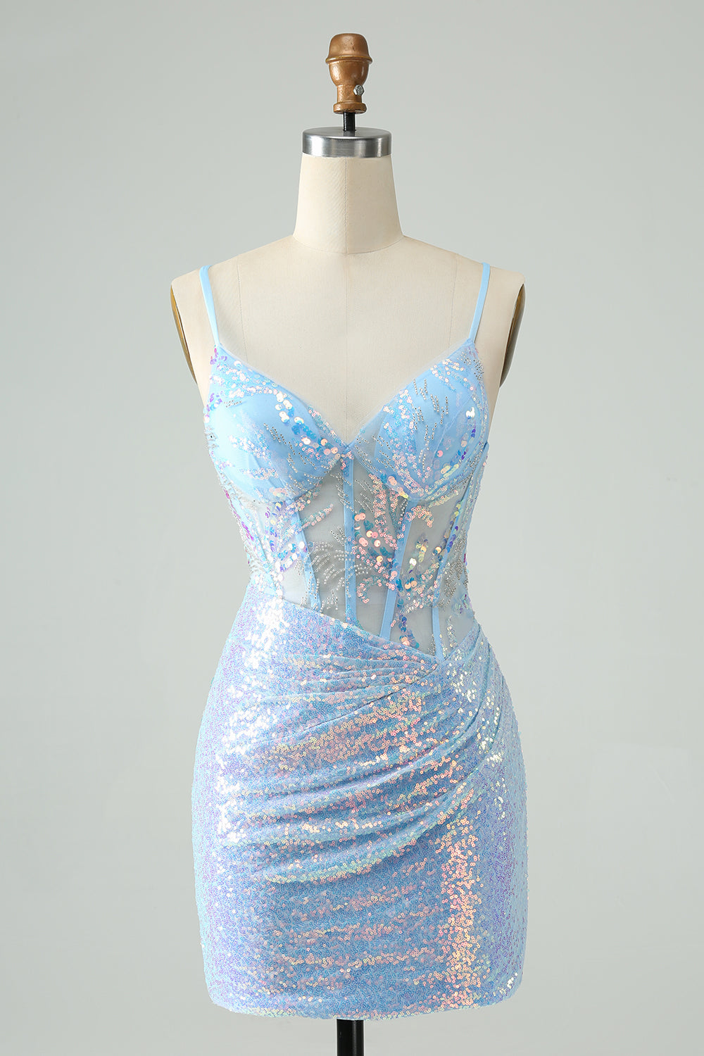 Glitter Light Blue Bodycon Spaghetti Straps Short Homecoming Dress with Sequins