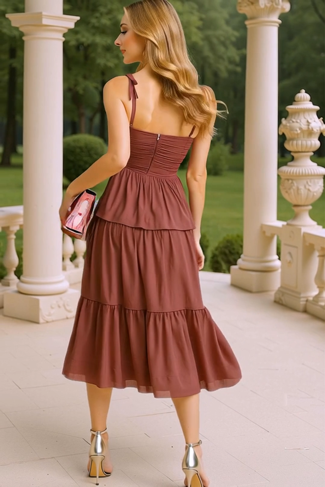 Modecrush Maroon Chiffon Sweetheart Pleated A-Line Dress