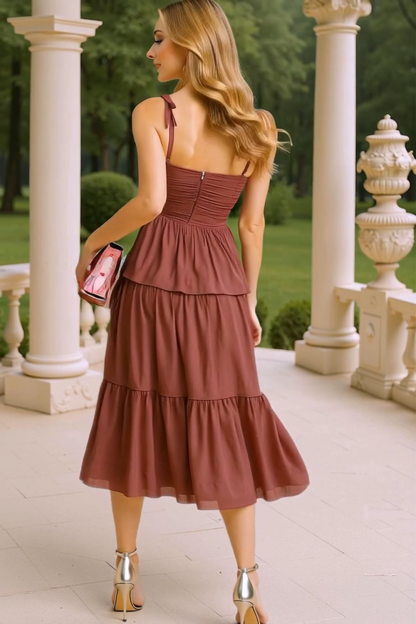 Modecrush Maroon Chiffon Sweetheart Pleated A-Line Dress