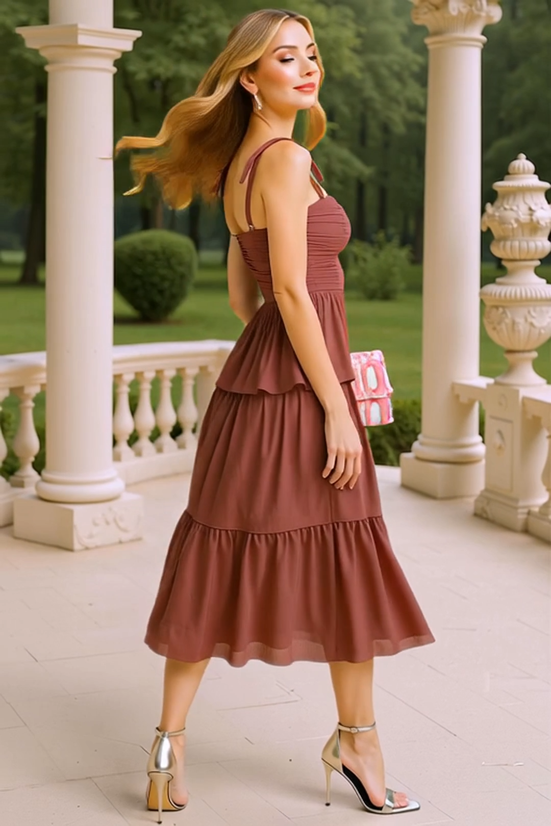 Modecrush Maroon Chiffon Sweetheart Pleated A-Line Dress