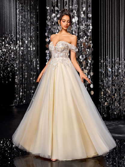 Modecrush White Women Long Dress Champagne A-Line Wedding Dress with Intricate Applique – Elegant Bridal Gown , Wedding Guest