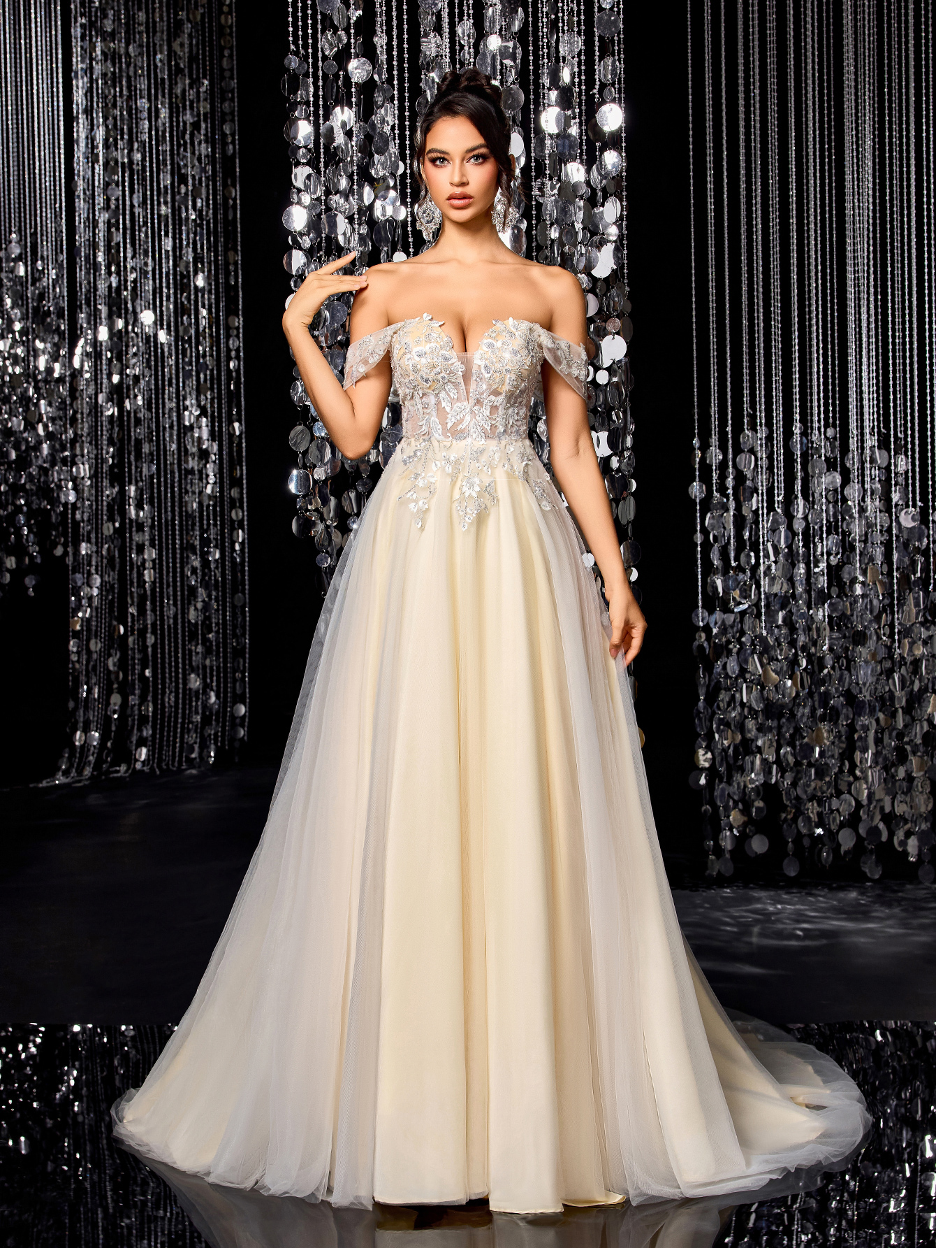 Modecrush White Women Long Dress Champagne A-Line Wedding Dress with Intricate Applique – Elegant Bridal Gown , Wedding Guest