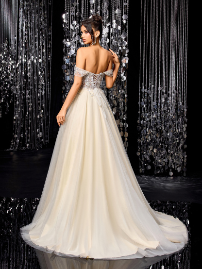 Modecrush White Women Long Dress Champagne A-Line Wedding Dress with Intricate Applique – Elegant Bridal Gown , Wedding Guest