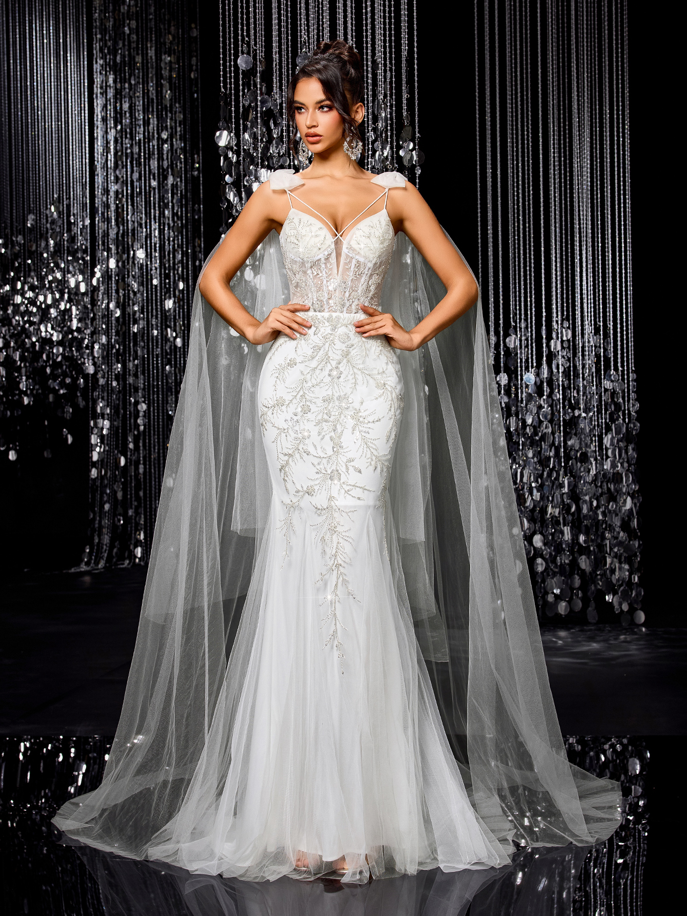 Modecrush Gorgeous and exquisite wedding dress Elegant floral embroidered mesh long mermaid wedding dress with flowing tulle cape sleeves