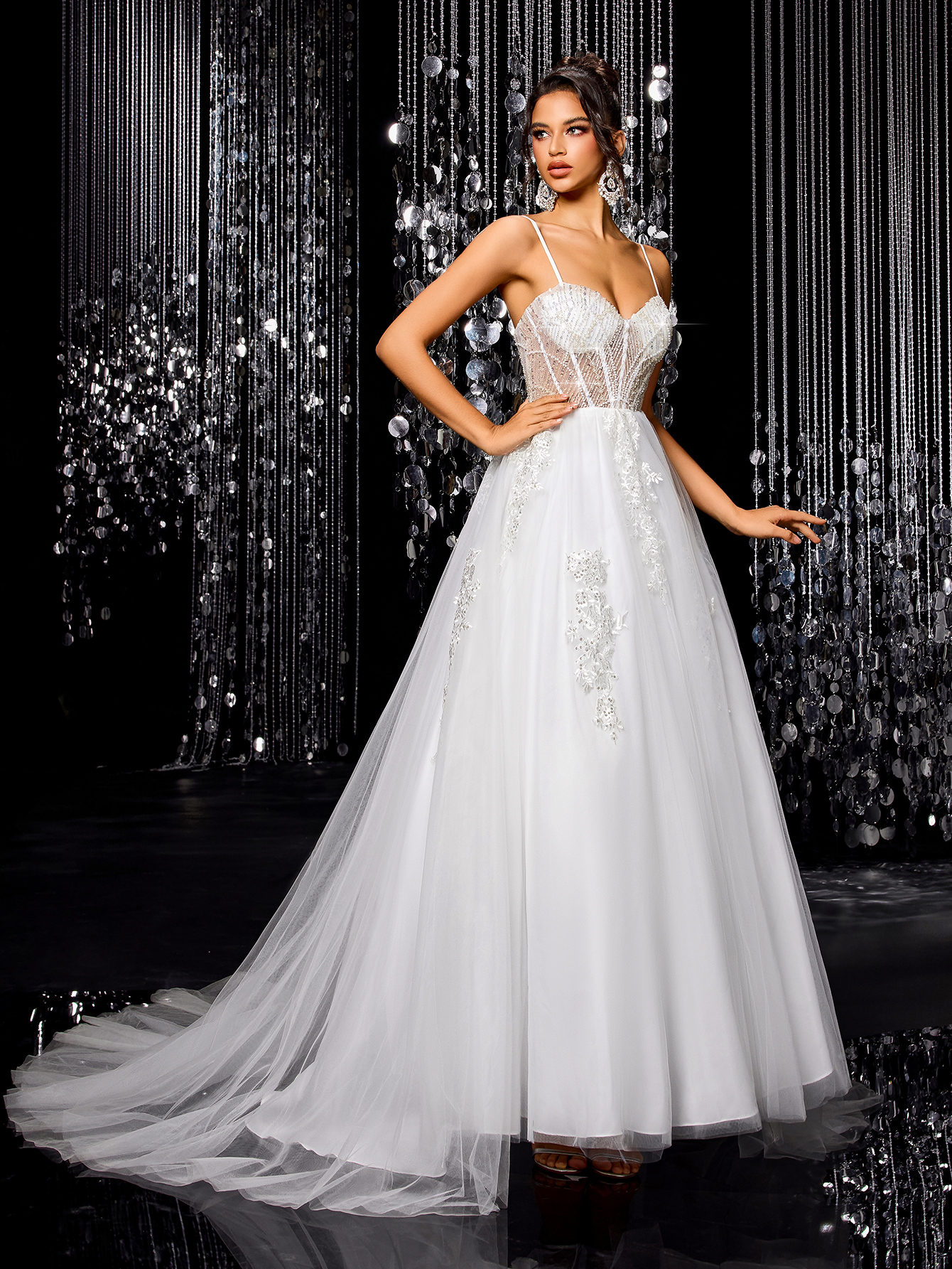 Modecrush Elegant Mesh Embroidered Evening Women Dresses, Beaded and Sequin, Sleeveless A-line Wedding Bridal Gown