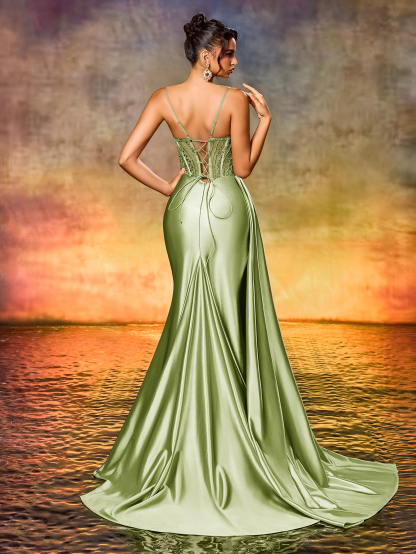 Modecrush Women's Elegant Gorgeous Sequin beaded High Waist Long Ribbon Slit Backless Tie Up Party Evening Dress, Wedding Guest, Formal Dress,Graduation Dress