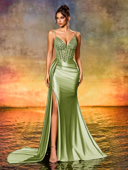 Modecrush Women's Elegant Gorgeous Sequin beaded High Waist Long Ribbon Slit Backless Tie Up Party Evening Dress, Wedding Guest, Formal Dress,Graduation Dress