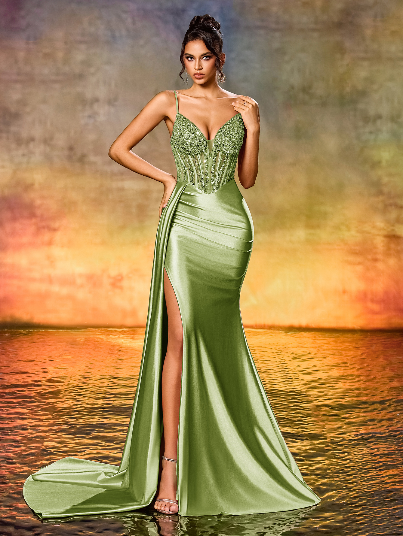 Modecrush Women's Elegant Gorgeous Sequin beaded High Waist Long Ribbon Slit Backless Tie Up Party Evening Dress, Wedding Guest, Formal Dress,Graduation Dress