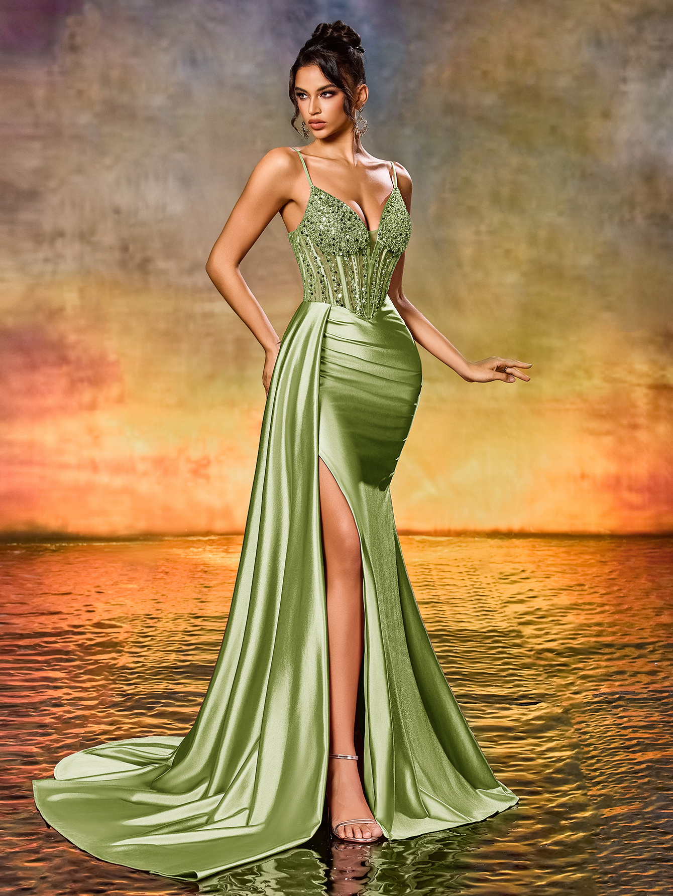 Modecrush Women's Elegant Gorgeous Sequin beaded High Waist Long Ribbon Slit Backless Tie Up Party Evening Dress, Wedding Guest, Formal Dress,Graduation Dress