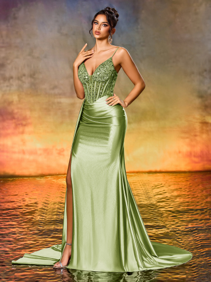 Modecrush Women's Elegant Gorgeous Sequin beaded High Waist Long Ribbon Slit Backless Tie Up Party Evening Dress, Wedding Guest, Formal Dress,Graduation Dress