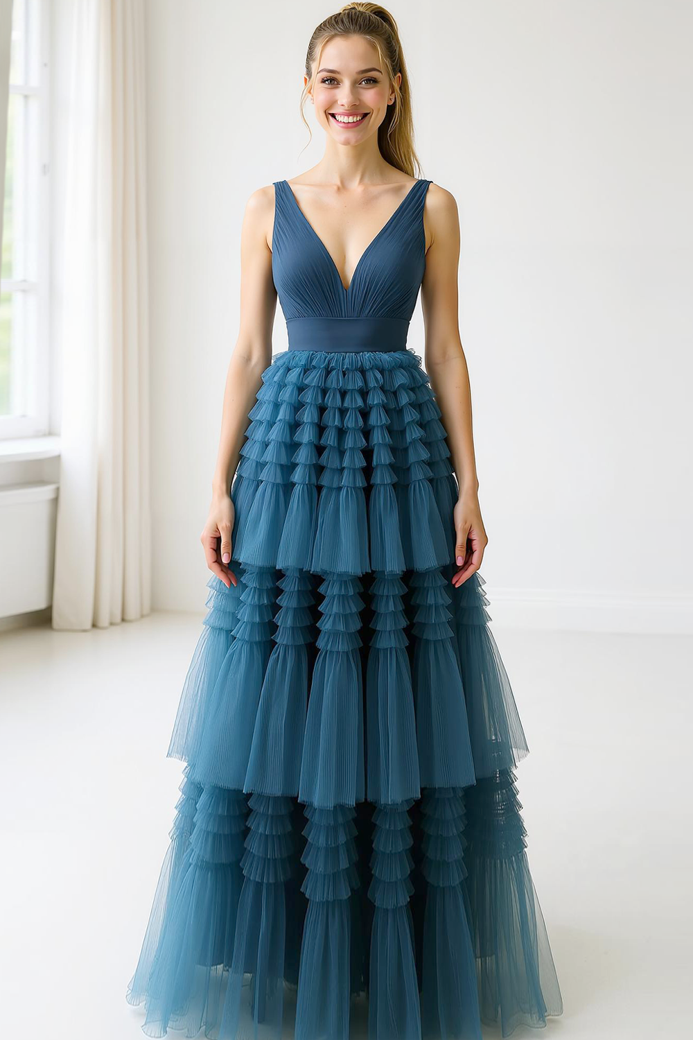 A Line V-Neck Blue Long Prom Dress With Open Back