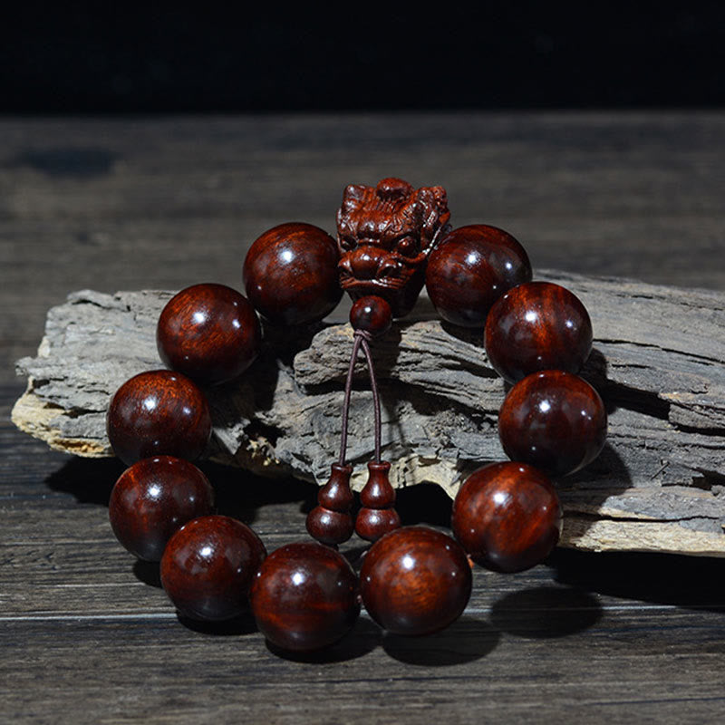 Buddha Stones Rosewood Green Sandalwood Small Leaf Red Sandalwood Agarwood Dragon Carved Protection Bracelet Bracelet BS 9