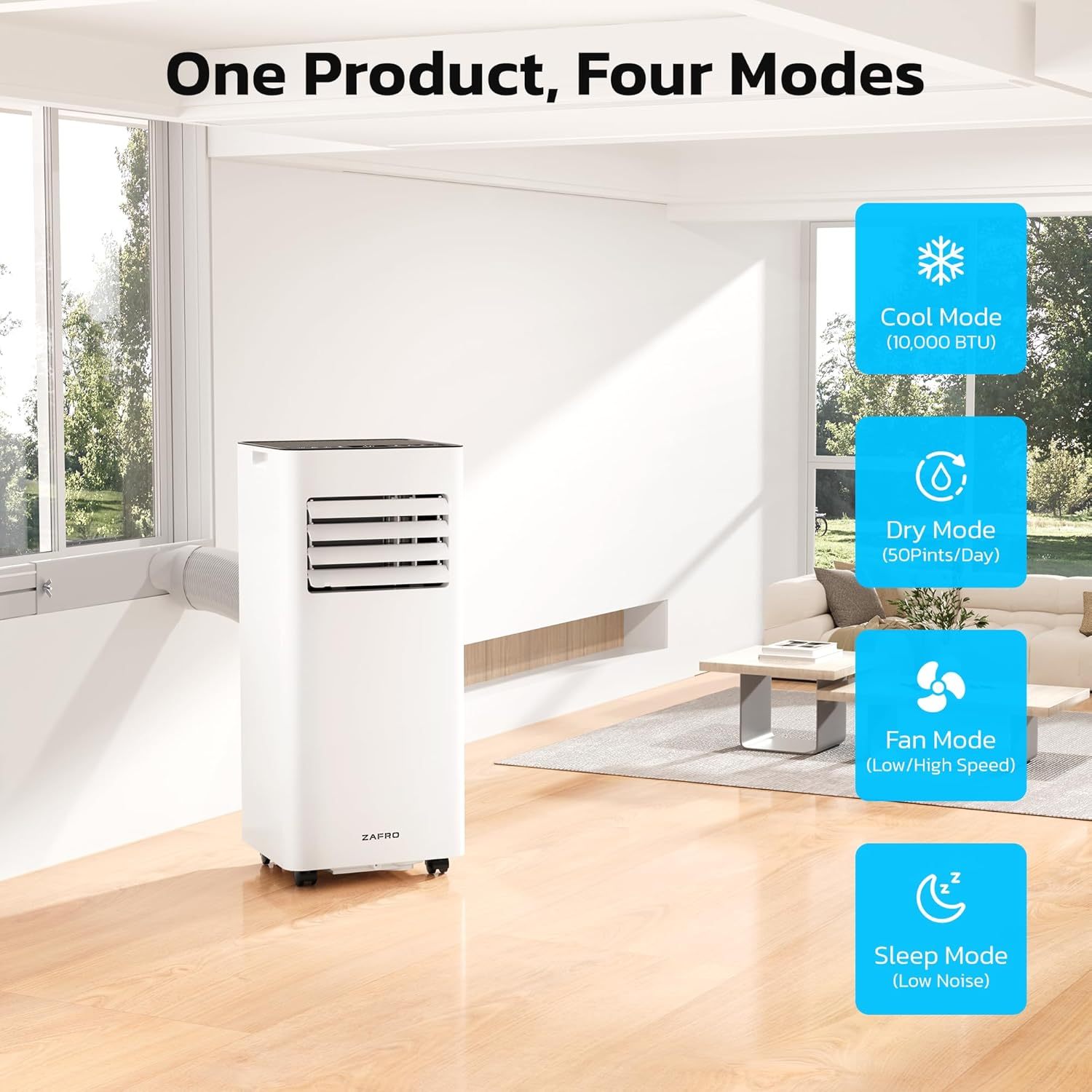 ZAFRO 10,000 BTU Portable Air Conditioners, Cool/Fan/Dehumidifier/Sleep Modes Portable AC with Remote/LED Display/24Hrs Timer/Installation Kits for Home/Office/Dorms, White