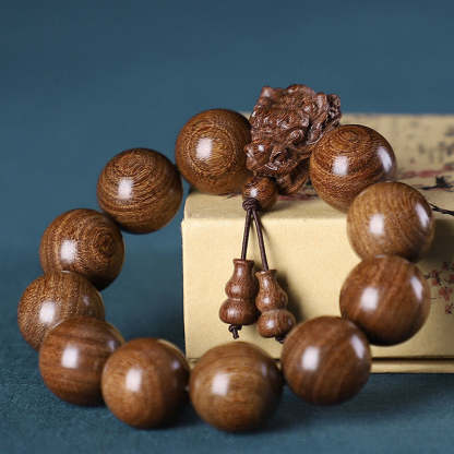 Buddha Stones Rosewood Green Sandalwood Small Leaf Red Sandalwood Agarwood Dragon Carved Protection Bracelet Bracelet BS Golden Sandalwood