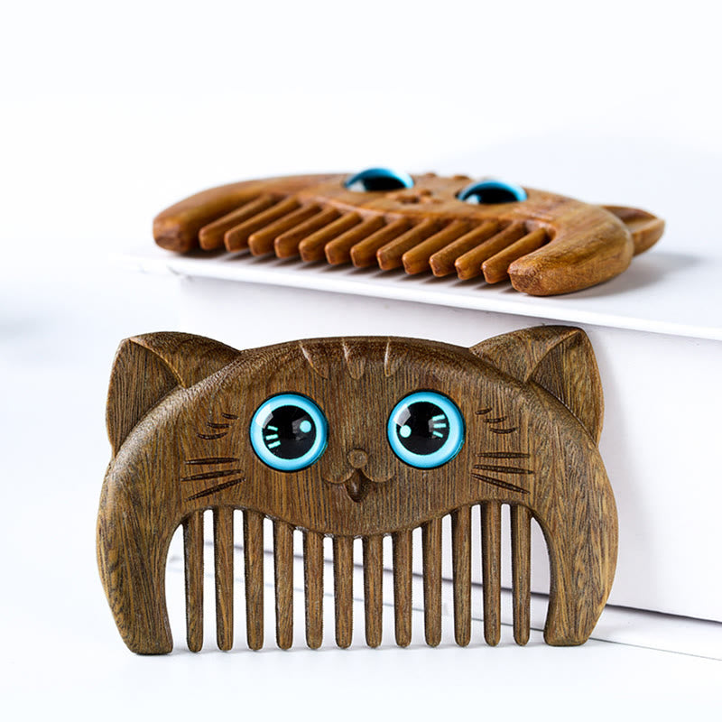 Buddha Stones Simple Cat Pattern Green Sandalwood Cure Portable Comb Comb BS 4