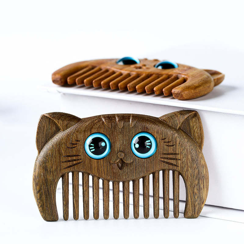 Buddha Stones Simple Cat Pattern Green Sandalwood Cure Portable Comb Comb BS 4