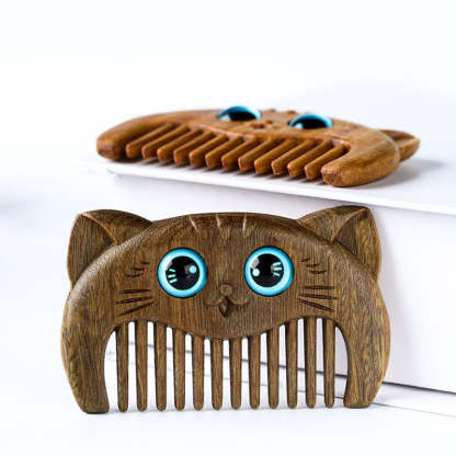 Buddha Stones Simple Cat Pattern Green Sandalwood Cure Portable Comb Comb BS 4