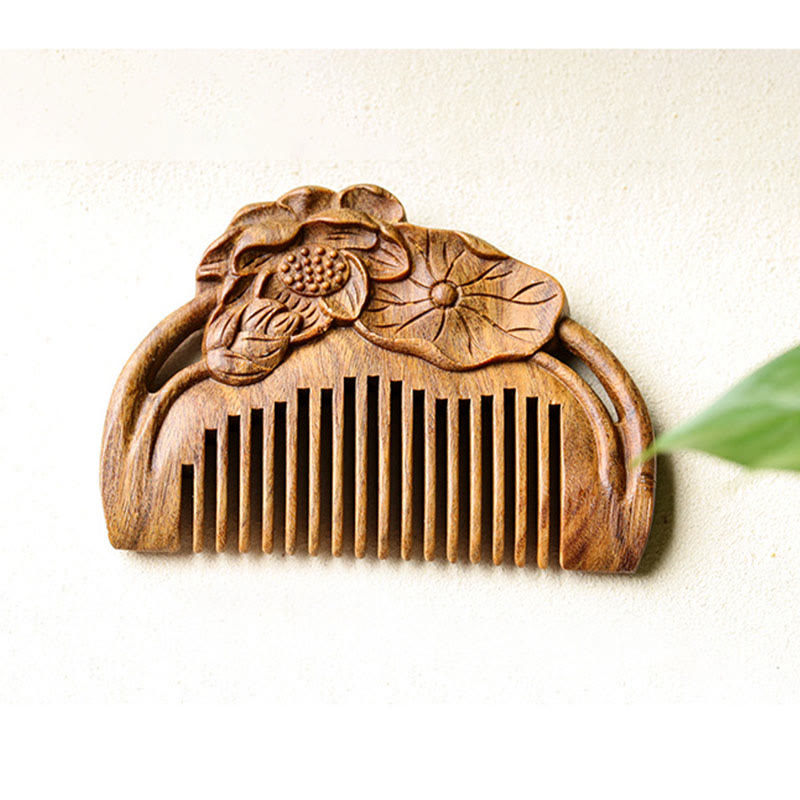 Buddha Stones Natural Green Sandalwood Lotus Flower Leaf Engraved Soothing Comb Comb BS 14