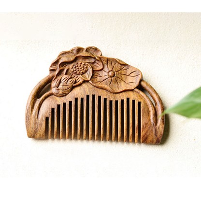 Buddha Stones Natural Green Sandalwood Lotus Flower Leaf Engraved Soothing Comb Comb BS 14