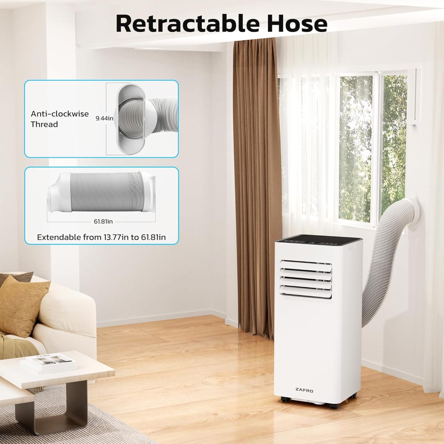 ZAFRO 10,000 BTU Portable Air Conditioners, Cool/Fan/Dehumidifier/Sleep Modes Portable AC with Remote/LED Display/24Hrs Timer/Installation Kits for Home/Office/Dorms, White
