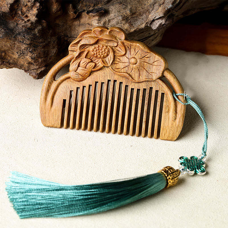 Buddha Stones Natural Green Sandalwood Lotus Flower Leaf Engraved Soothing Comb Comb BS 1