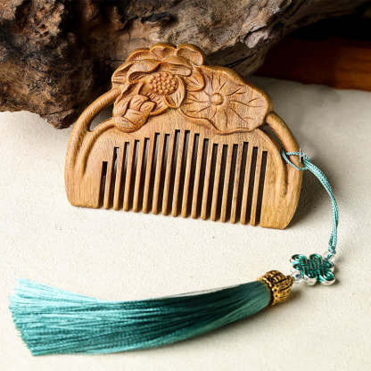 Buddha Stones Natural Green Sandalwood Lotus Flower Leaf Engraved Soothing Comb Comb BS 1