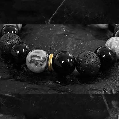 Buddha Stones Black Obsidian Lava Rock Stone Yin Yang Strength Bracelet Bracelet BS 6