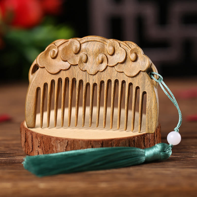 Buddha Stones Green Sandalwood Fox Peony Flower Lotus Engraved Cure Tassel Comb Comb BS Auspicious Clouds Green Sandalwood