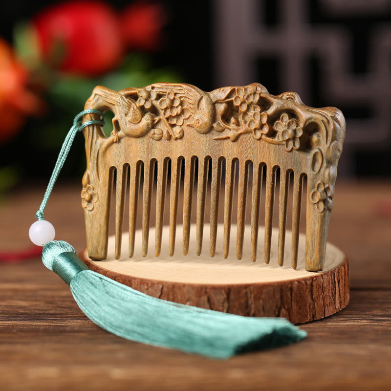 Buddha Stones Green Sandalwood Fox Peony Flower Lotus Engraved Cure Tassel Comb Comb BS Two Birds Green Sandalwood