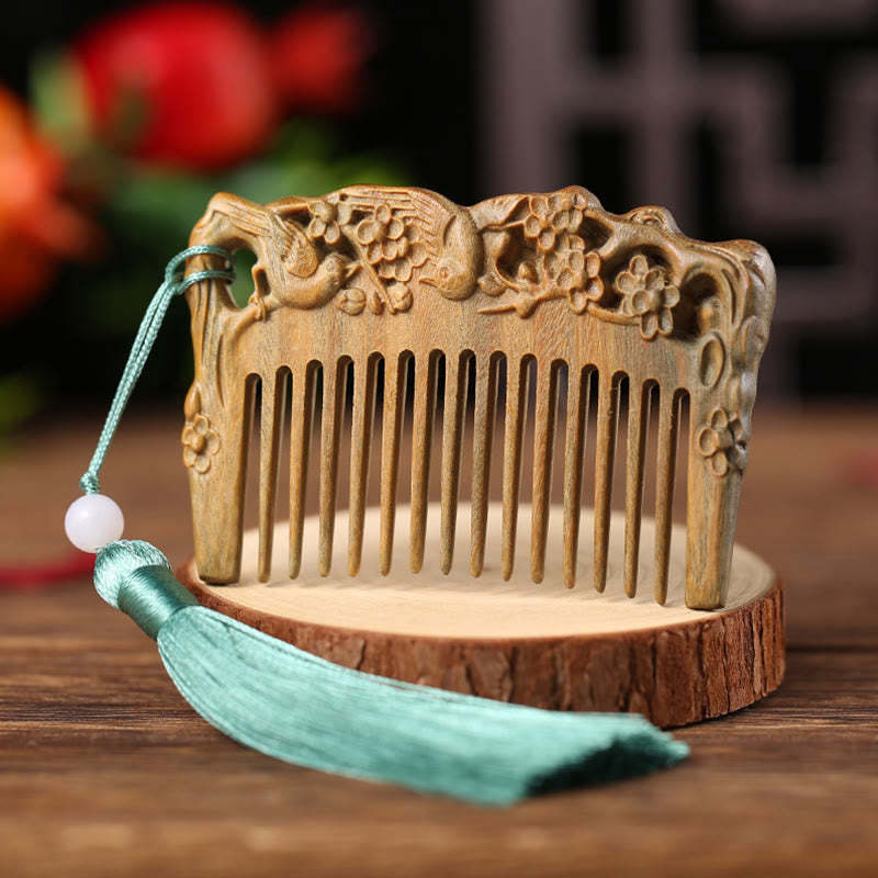 Buddha Stones Green Sandalwood Fox Peony Flower Lotus Engraved Cure Tassel Comb Comb BS Two Birds Green Sandalwood