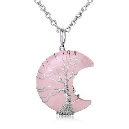 Buddha Stones Natural Quartz Crystal Moon Tree Of Life Healing Energy Necklace Pendant Necklaces & Pendants BS Rose Quartz