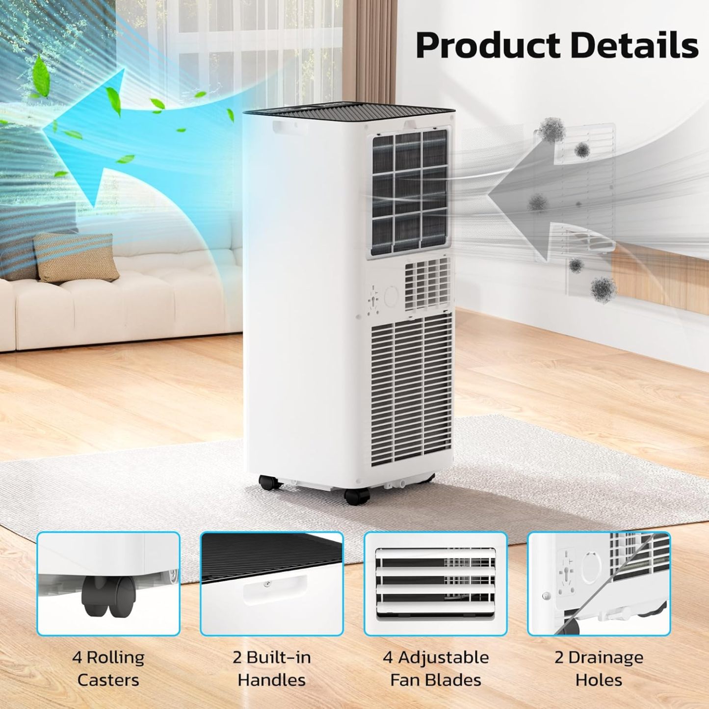 ZAFRO 10,000 BTU Portable Air Conditioners, Cool/Fan/Dehumidifier/Sleep Modes Portable AC with Remote/LED Display/24Hrs Timer/Installation Kits for Home/Office/Dorms, White