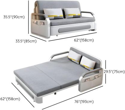 🍀Foldable Dual-Purpose Solid Wood Multi-Functional Retractable Storage Sofa Bed Gray Coir Twin