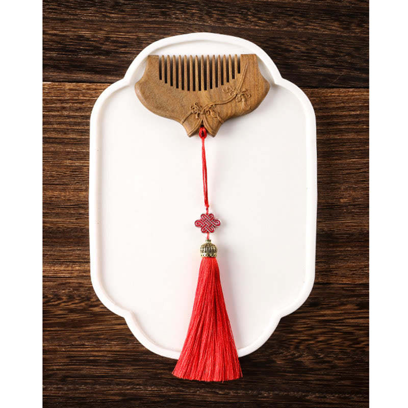 Buddha Stones Green Sandalwood Flower Pattern Engraved Soothing Comb Comb BS 12