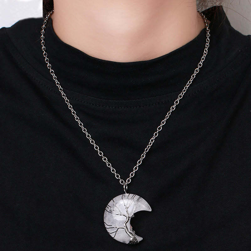 Buddha Stones Natural Quartz Crystal Moon Tree Of Life Healing Energy Necklace Pendant Necklaces & Pendants BS 9