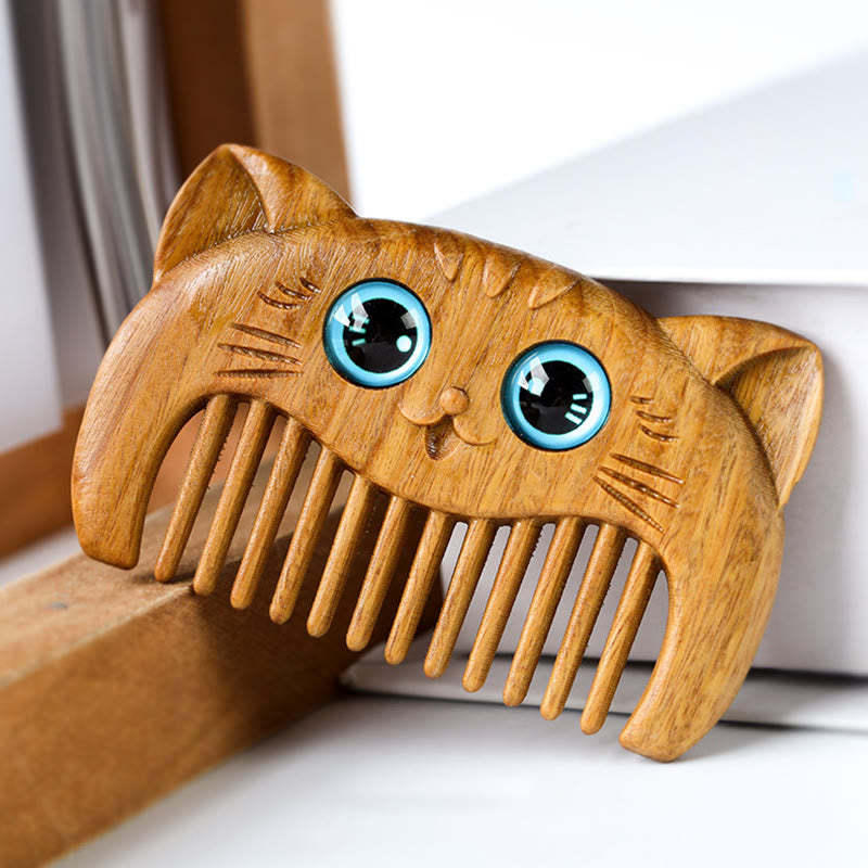 Buddha Stones Simple Cat Pattern Green Sandalwood Cure Portable Comb Comb BS 1