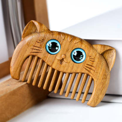 Buddha Stones Simple Cat Pattern Green Sandalwood Cure Portable Comb Comb BS 1