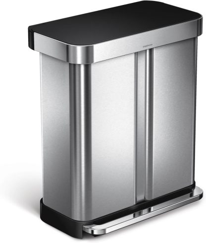 58L / 15.3 Gal Dual Compartment Rectangular Step Recycling Bin, Brushed Stainless Steel with Soft-Close Lid