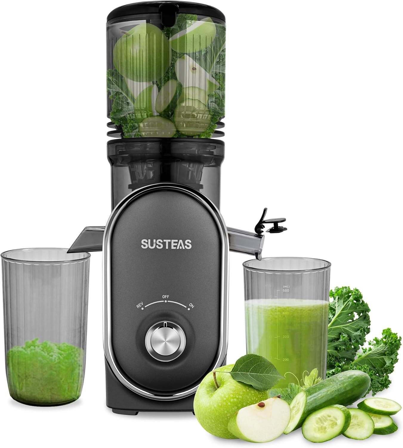SUSTEAS Cold Press Juicer, 5.3" Feed Chute Slow Masticating Machines with 300W, Fit Whole Fruits & Vegetables, Easy to Clean, High Juice Yield, White