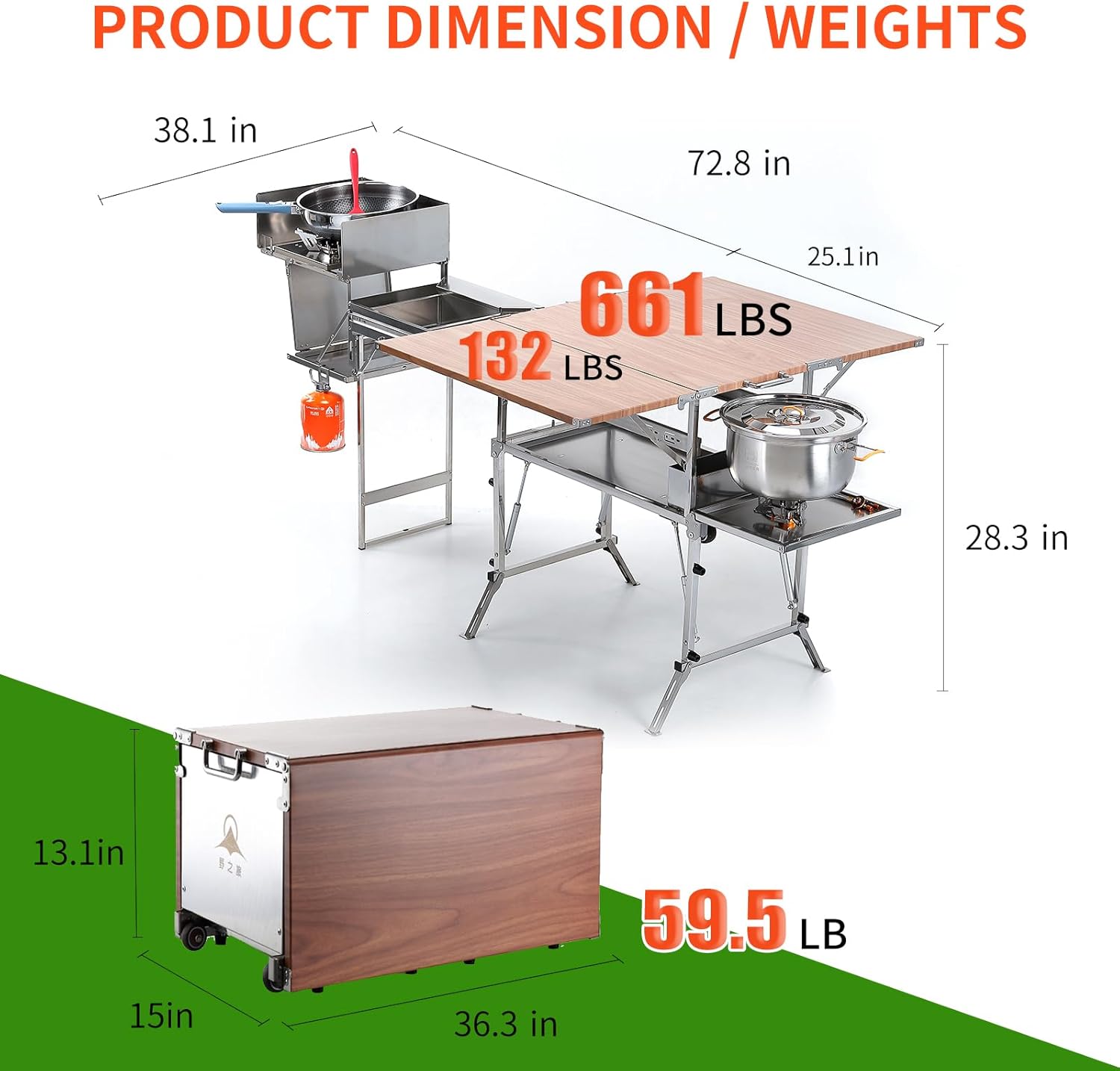 Outdoor Mobile Kitchen Portable Grill Cart, All-in-One Stainless Steel Foldable Camping Table, with Cleaning, Chopping, Cooking and Food Preparation Functions, for Camping, Rving, Family Gatherings