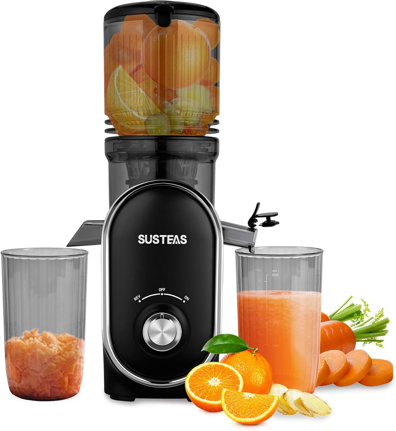 SUSTEAS Cold Press Juicer, 5.3" Feed Chute Slow Masticating Machines with 300W, Fit Whole Fruits & Vegetables, Easy to Clean, High Juice Yield, White