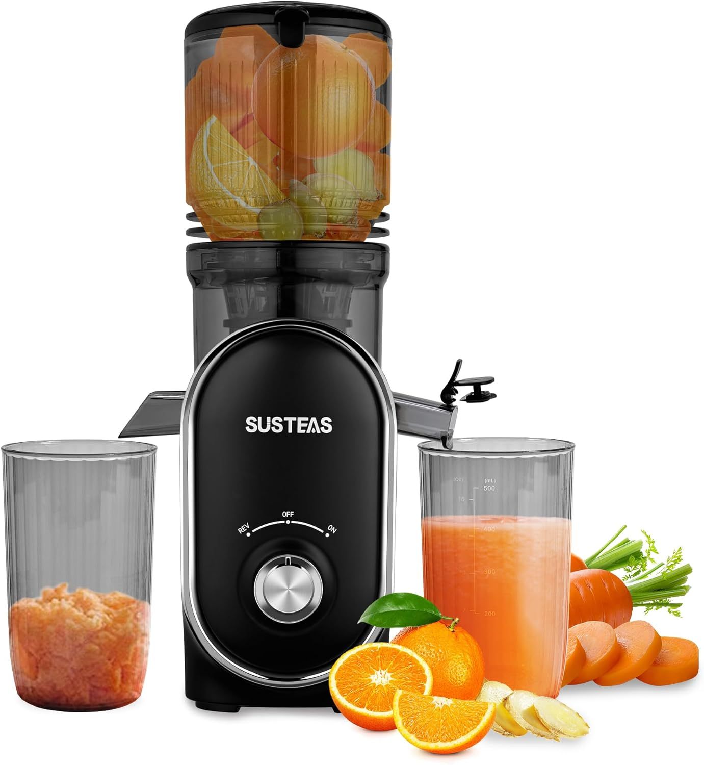 SUSTEAS Cold Press Juicer, 5.3" Feed Chute Slow Masticating Machines with 300W, Fit Whole Fruits & Vegetables, Easy to Clean, High Juice Yield, White
