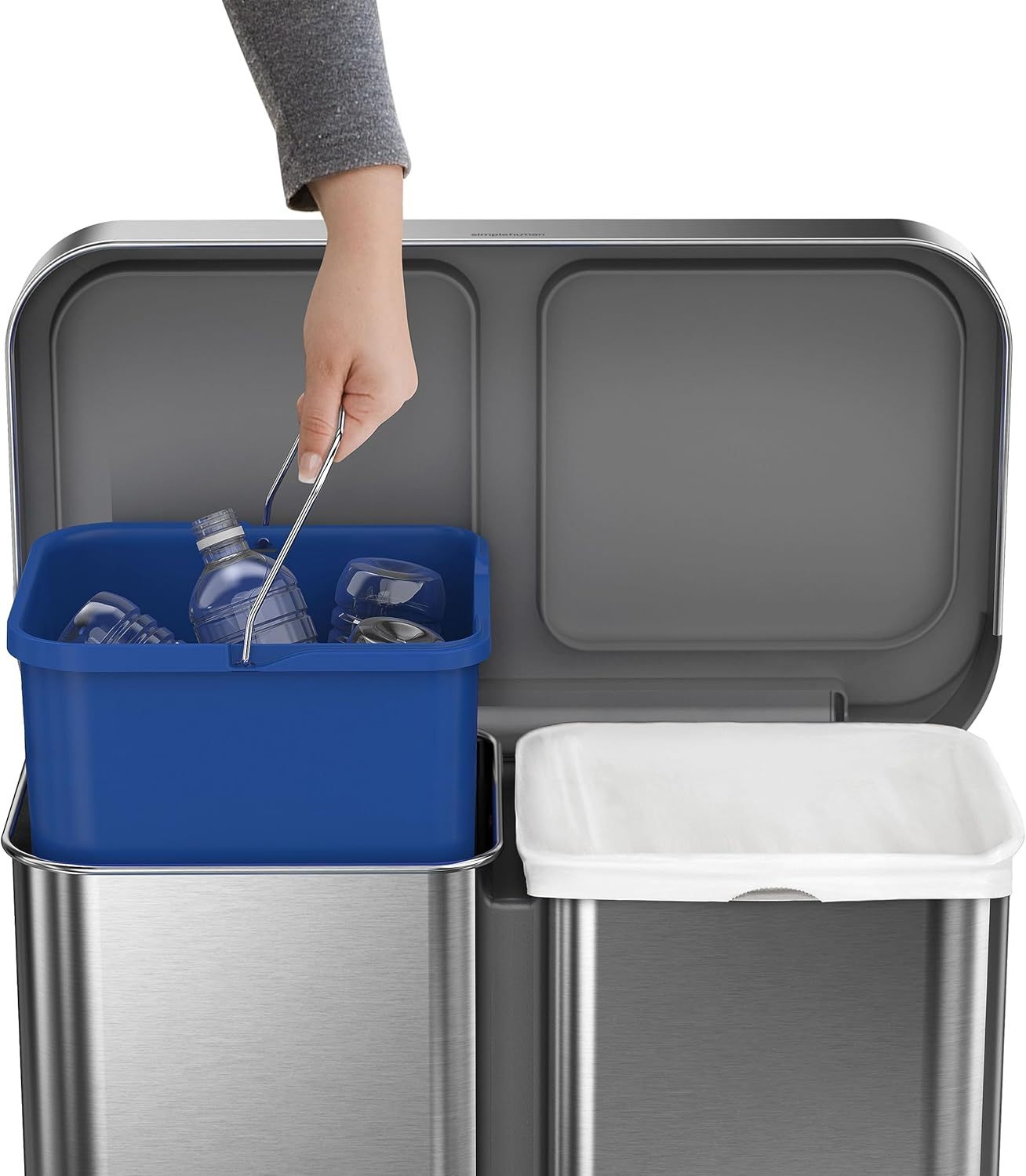 58L / 15.3 Gal Dual Compartment Rectangular Step Recycling Bin, Brushed Stainless Steel with Soft-Close Lid